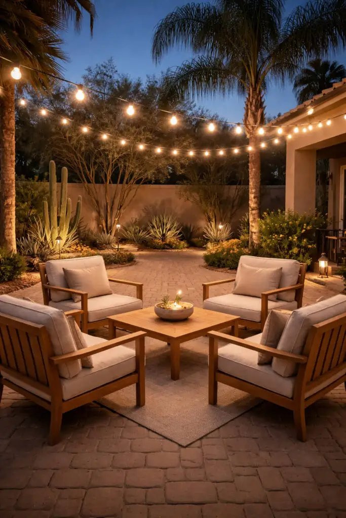 Cozy Arizona backyard patio at dusk
