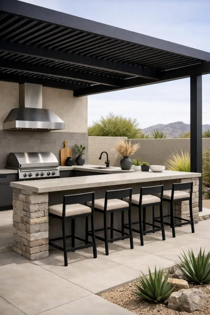 Desert backyard kitchen with bar seating