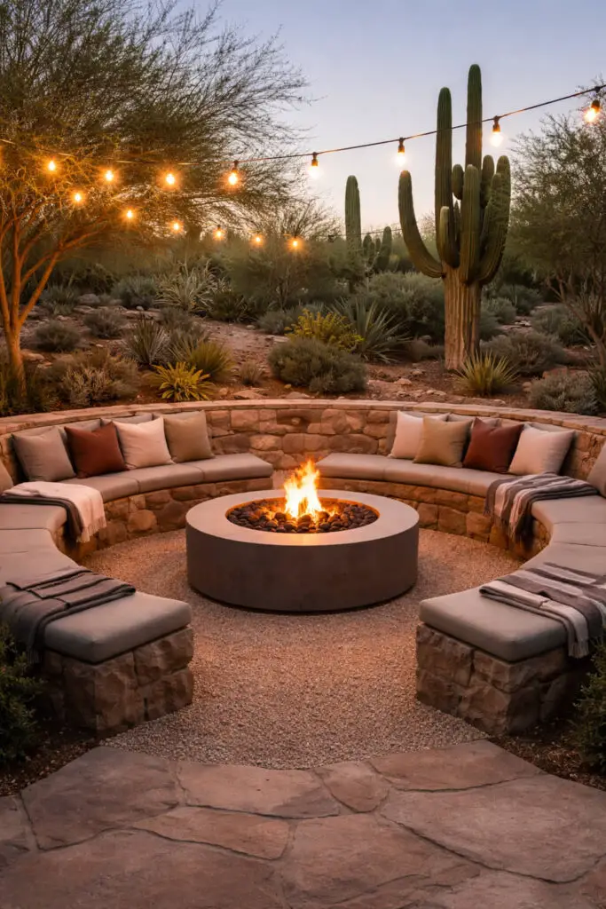 Desert fire pit under evening lights