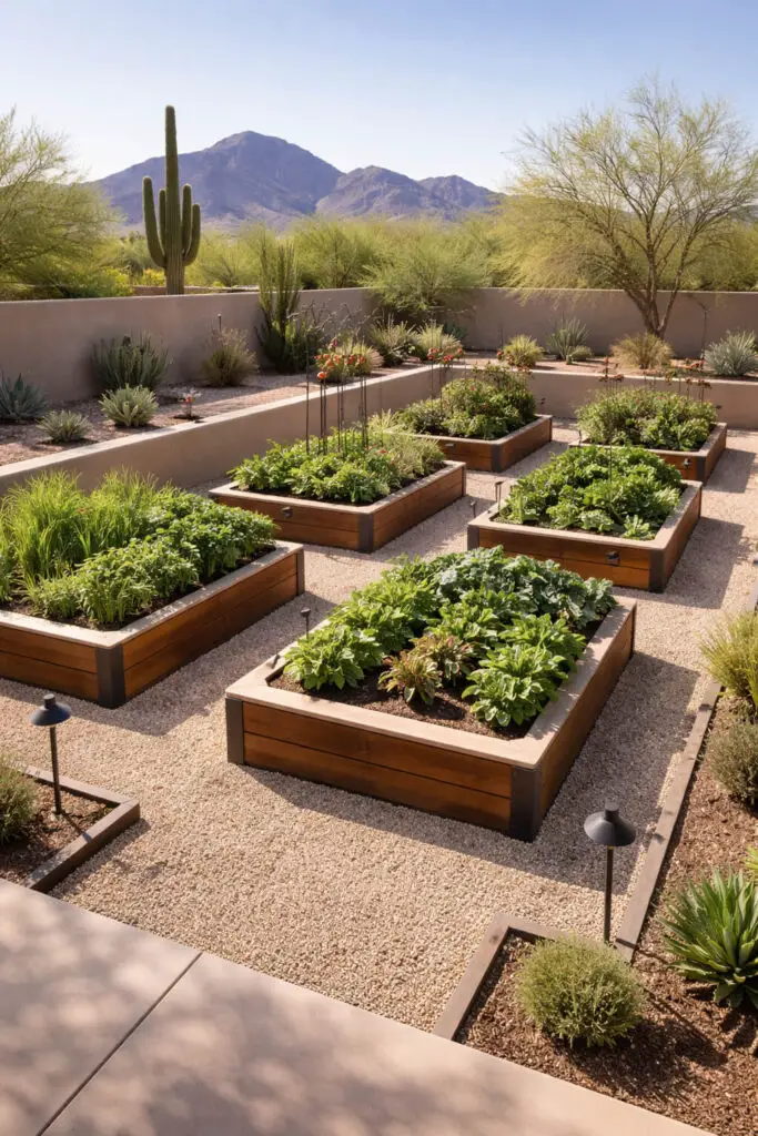 Desert garden oasis with raised beds