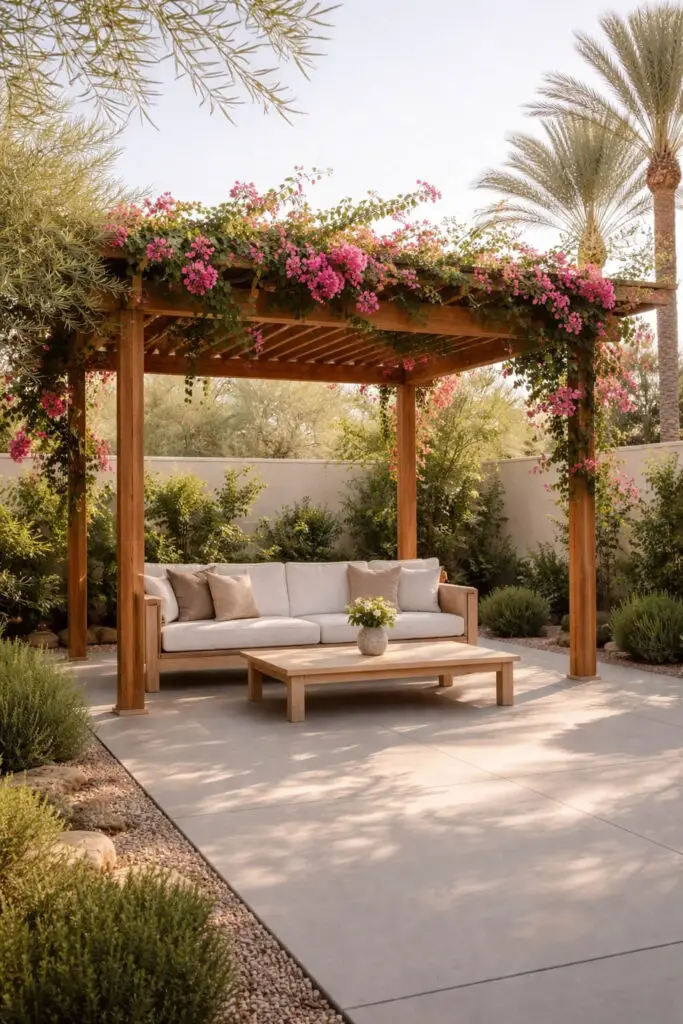 Desert oasis with bougainvillea pergola