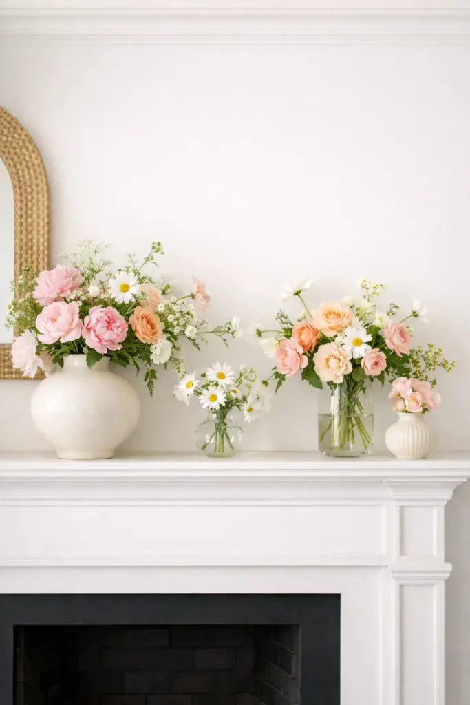 Flower arrangement on a white mantel