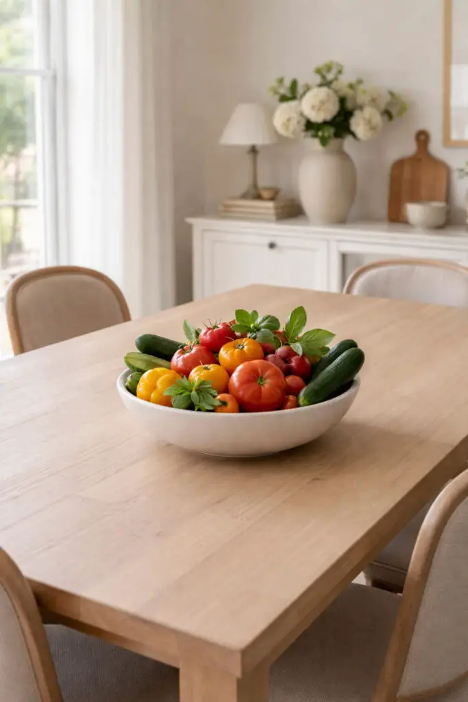 Fresh harvest centerpiece in a farmhouse dining room