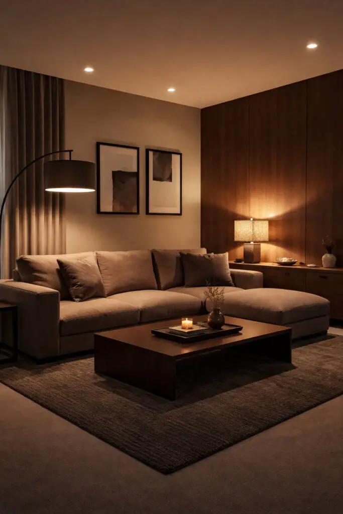 Masculine Living Room Layered Lighting