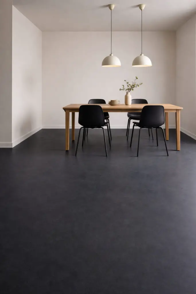 Minimalist dining room with oak table
