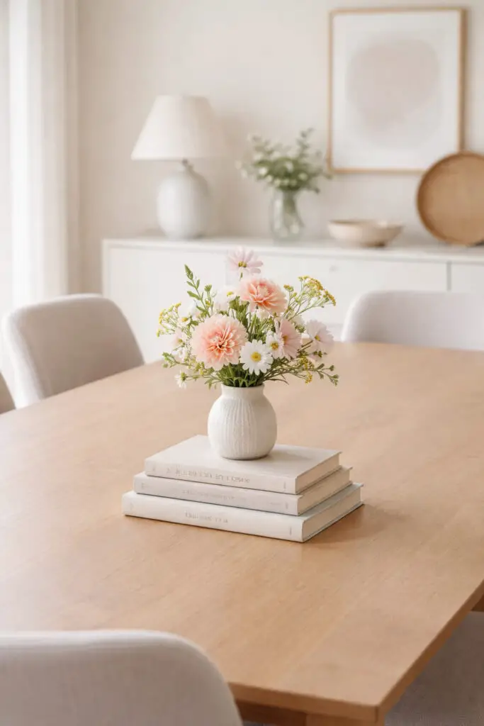 Minimalist dining table with floral centerpiece