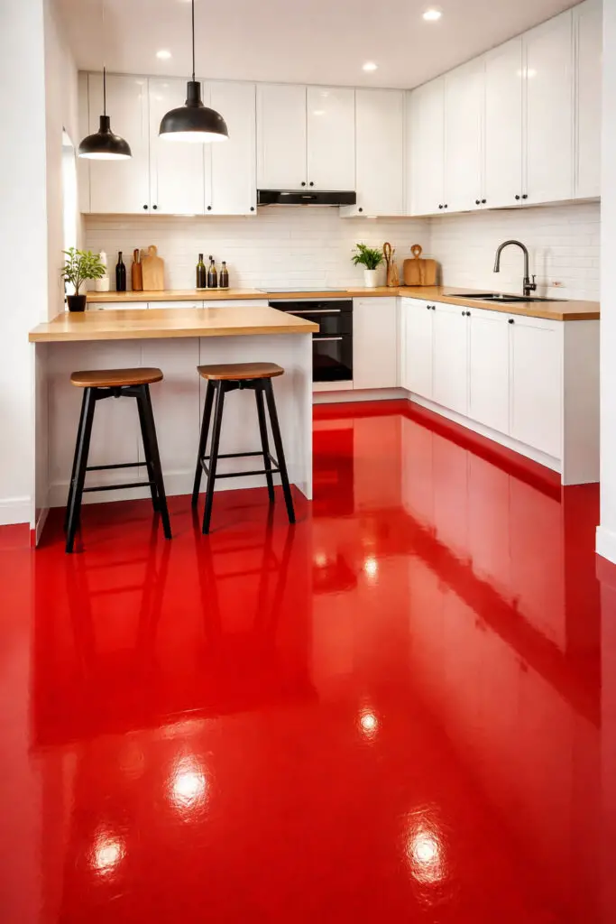 Minimalist kitchen with red flooring