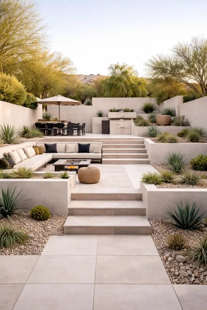 Modern desert backyard at sunset