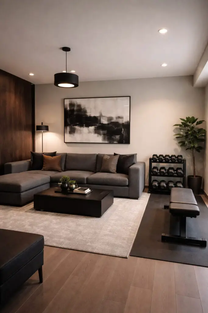 Modern living room with workout area