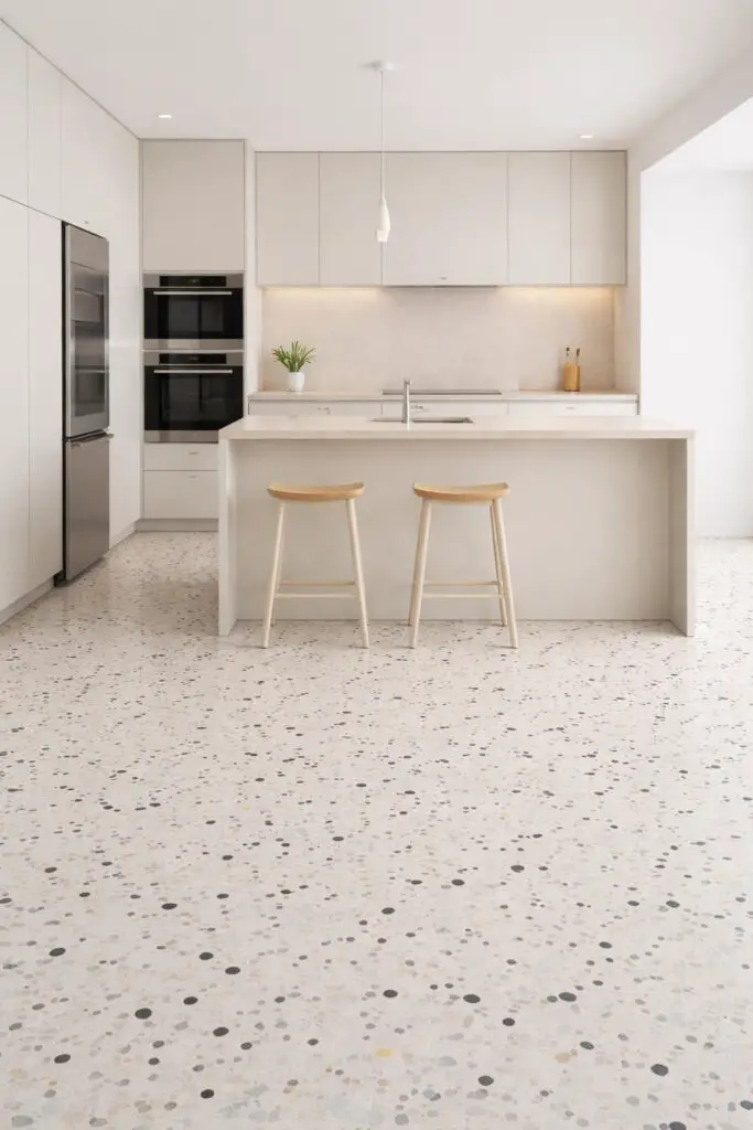 Modern minimalist kitchen with terrazzo flooring