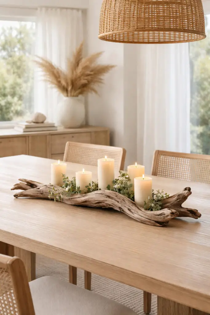 Serene dining room with driftwood centerpiece