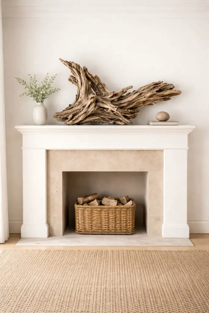 Serene minimalist living room with driftwood