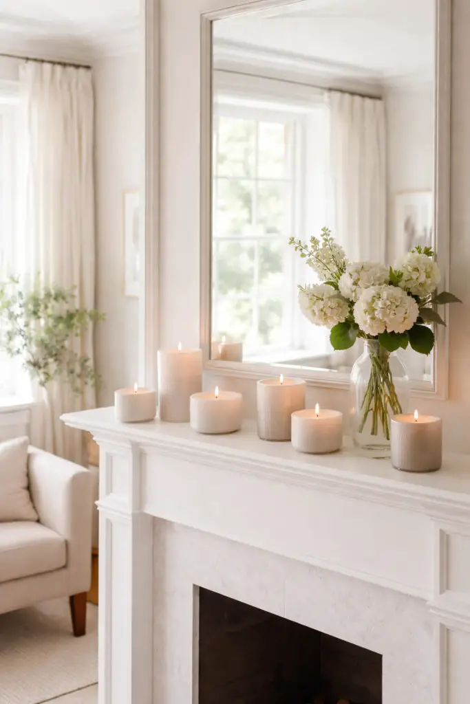 Serene summer mantel with hydrangeas