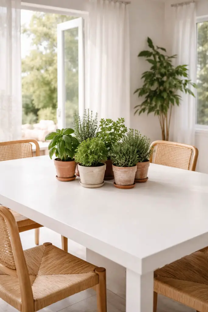 Sunlit dining room with herb centerpiece