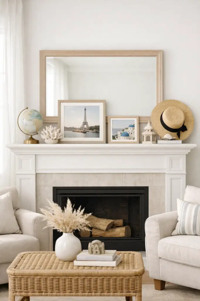 Travel inspired mantel with vintage decor