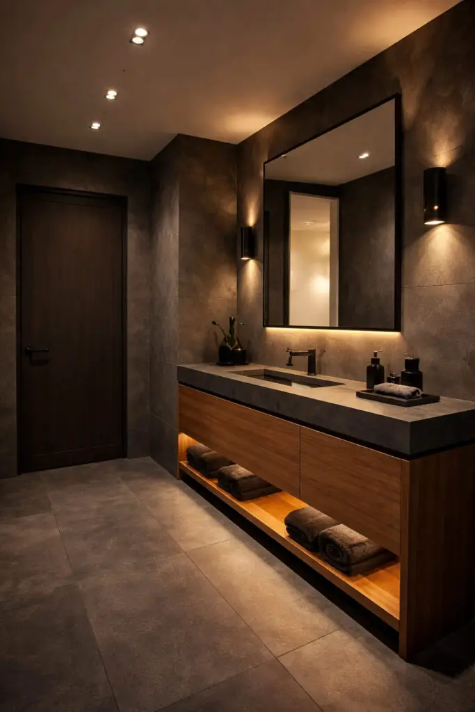 Warm Lighting Layers Masculine Bathroom
