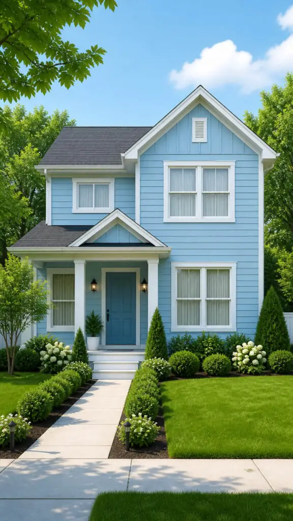 Light Blue House Green Landscaping