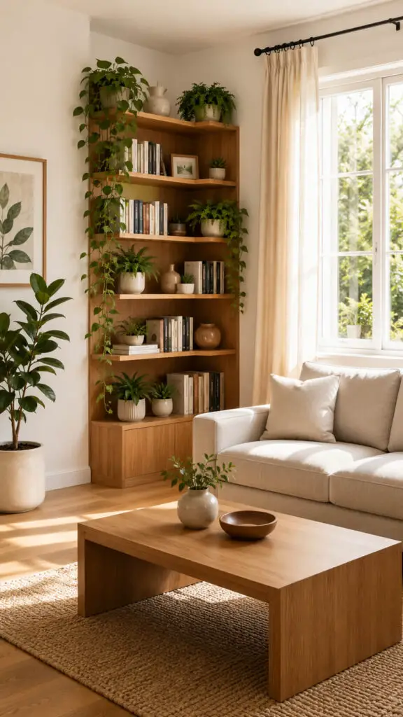 Corner Bookshelf With Plants