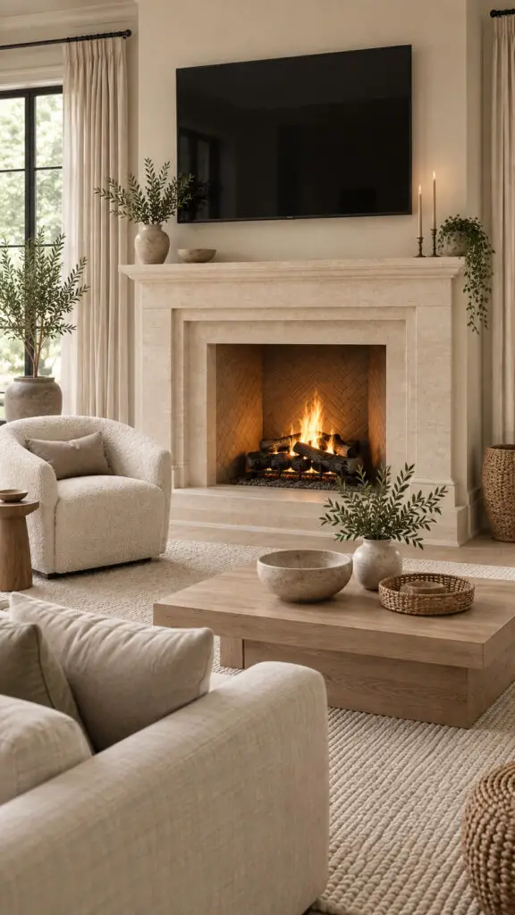 Above the mantel is a large black television mounted on the wall