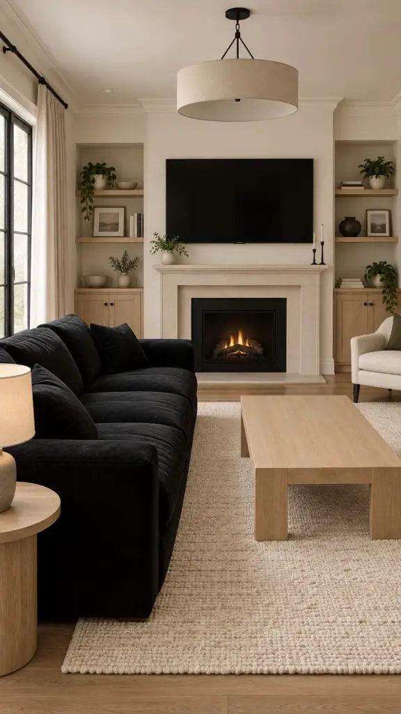 Black Couch With Light Wood