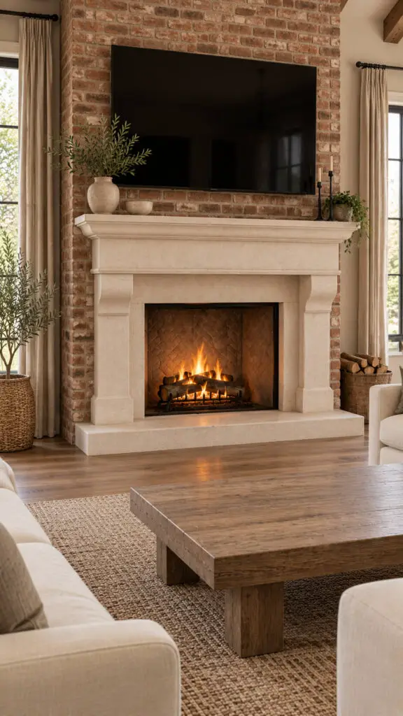 Brick Limestone Fireplace