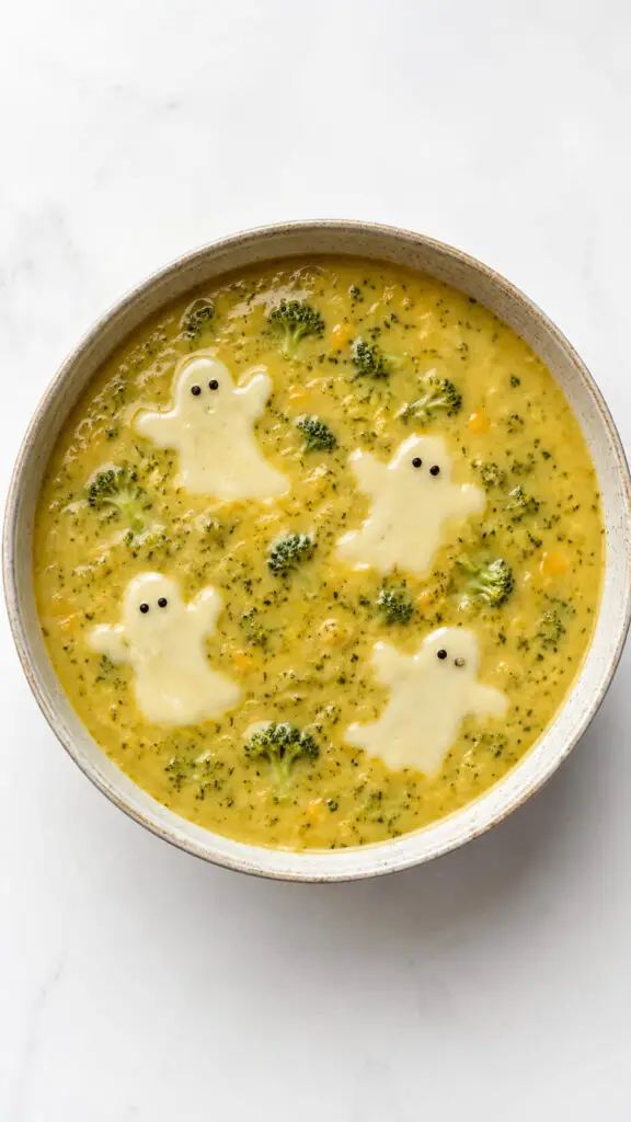 Broccoli Cheddar Soup with Cheese Ghosts