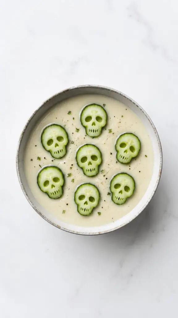 Cauliflower Soup with Creepy Cucumber Skulls