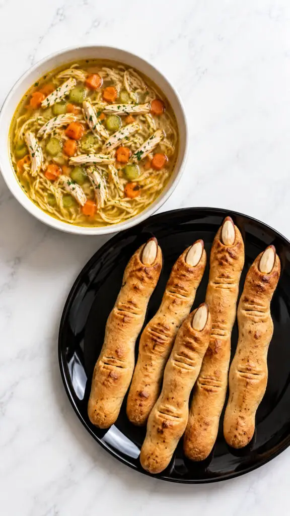 Chicken Noodle Soup with Witch Finger Breadsticks