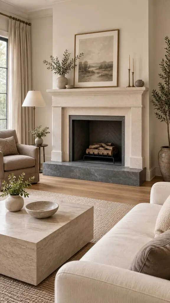 Contrasting Hearth Limestone Fireplace