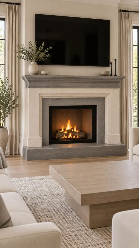 Cream Gray Limestone Fireplace