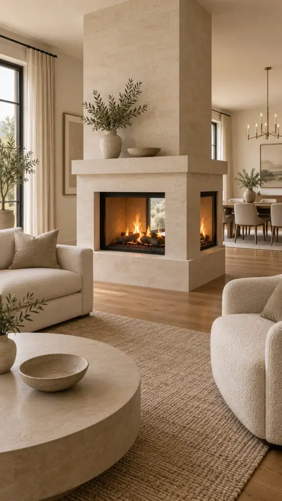 Double Sided Limestone Fireplace