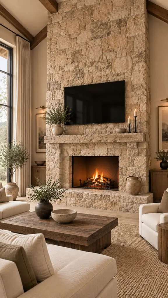 Full Wall Limestone Fireplace