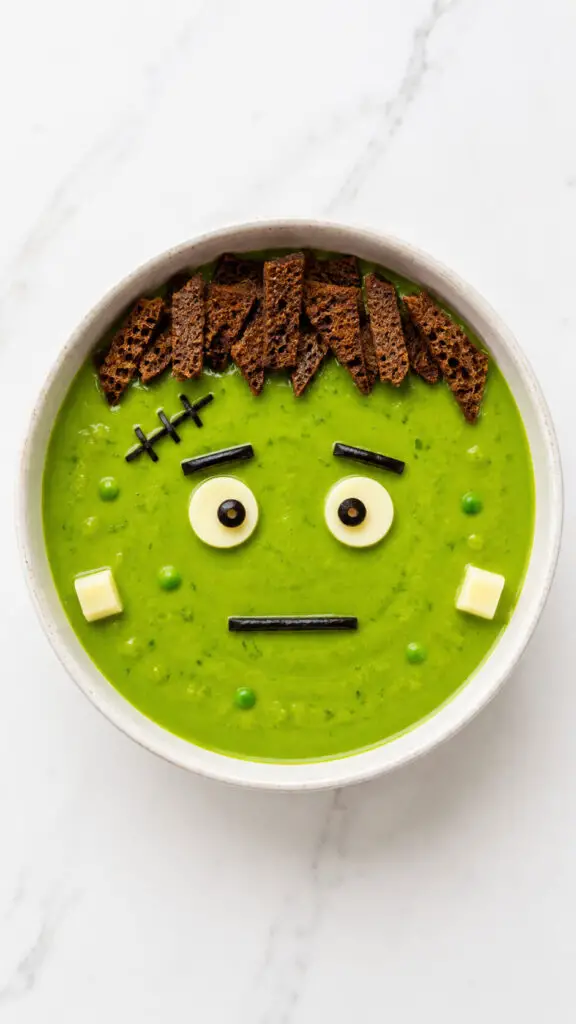 Green Pea Soup with Frankenstein Faces