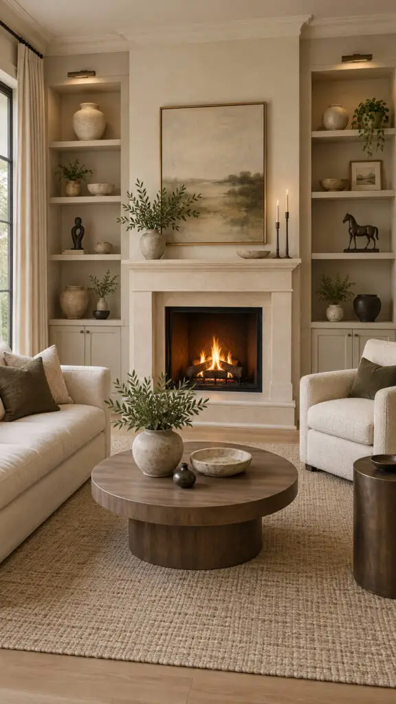 Limestone Fireplace Shelving Design