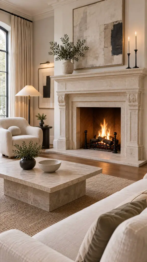 Modern Traditional Limestone Fireplace