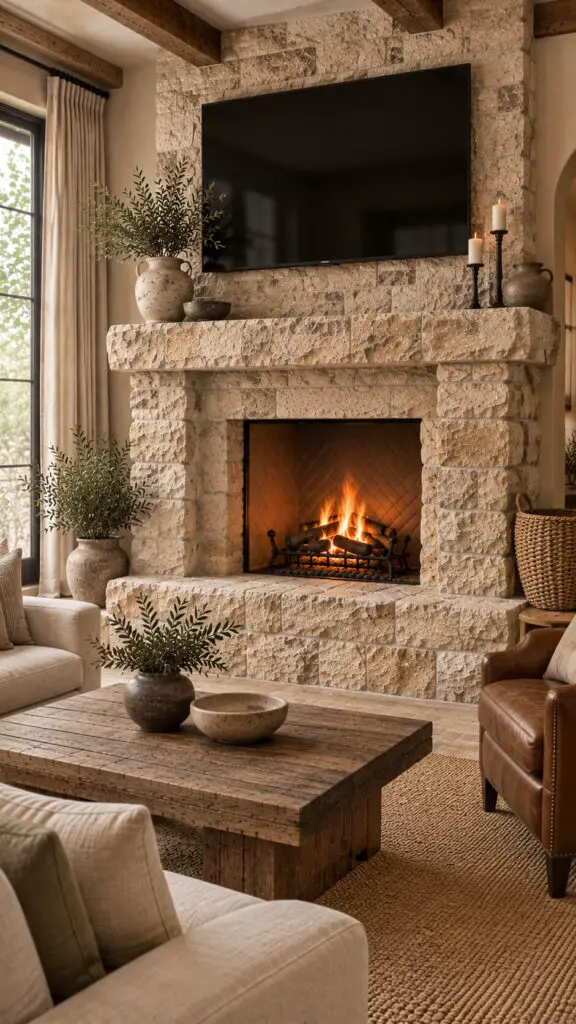 Rustic Limestone Fireplace