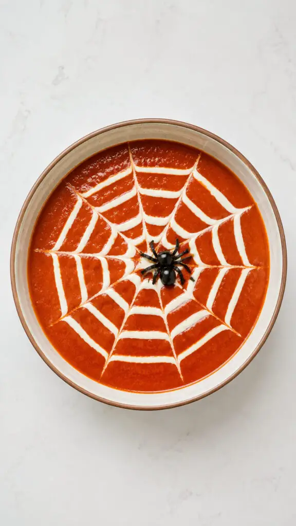 Tomato Soup with a Spiderweb Design