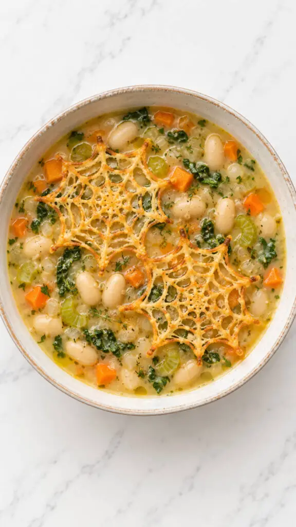 White Bean Soup with Parmesan Spiderwebs