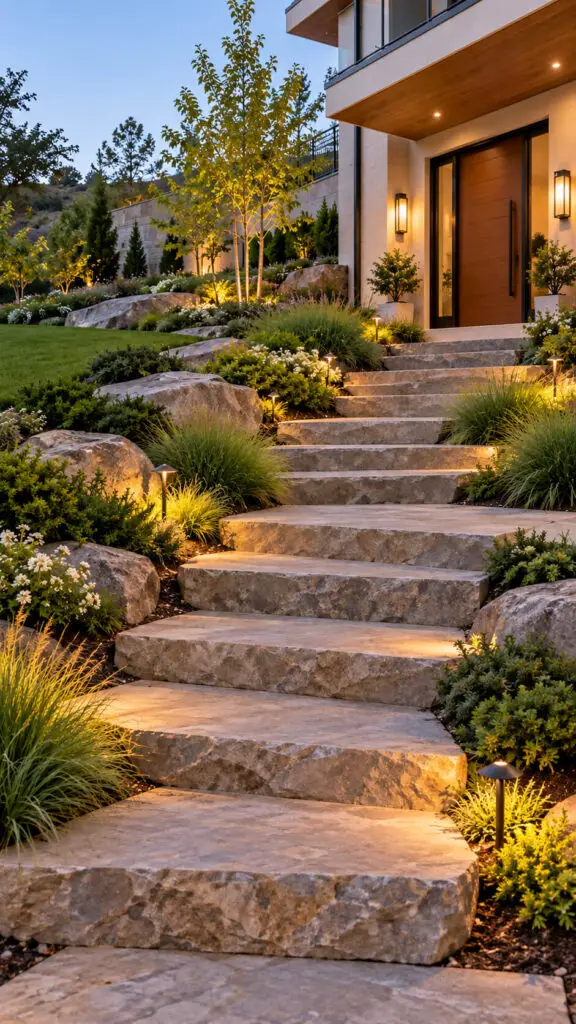 Cinematic Modern Entryway Garden at Dusk