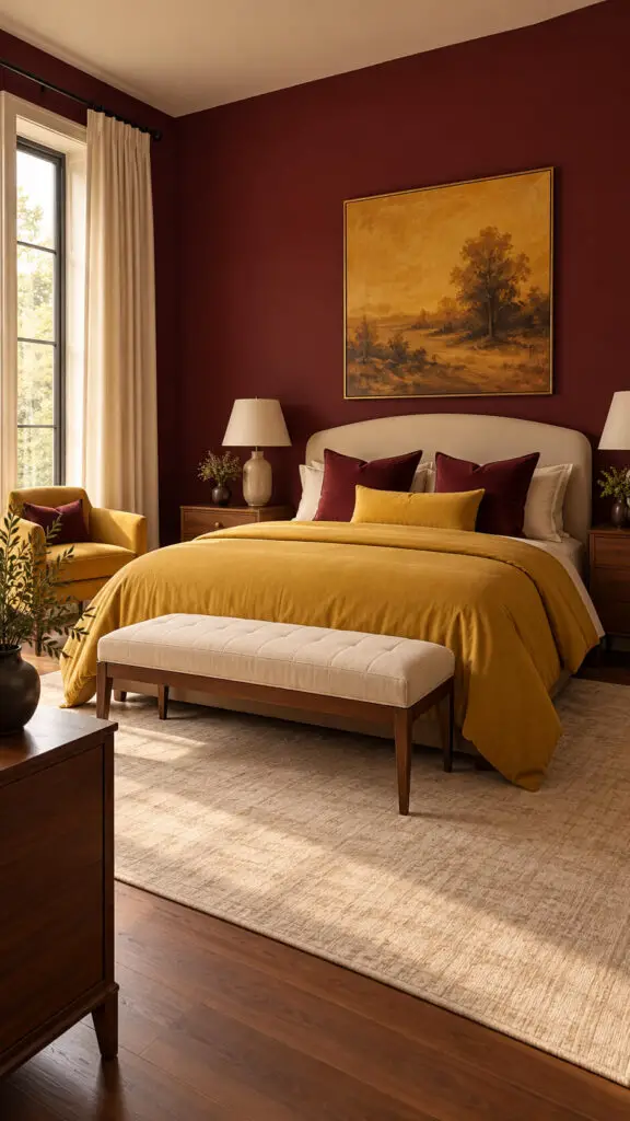 Cozy Burgundy and Mustard Bedroom