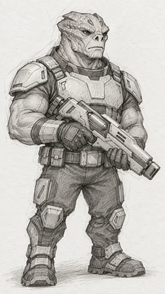 Graphite Alien Soldier with Futuristic Rifle