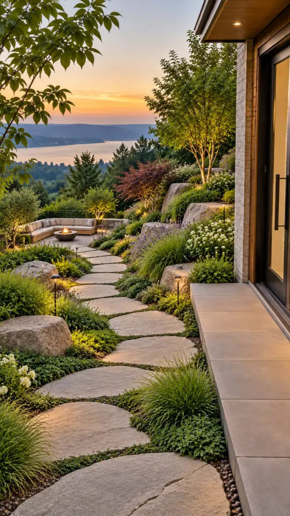 Modern Terraced Garden at Sunset