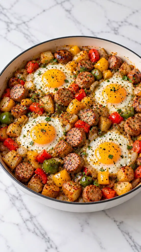 Rustic Skillet Hash with Four Eggs
