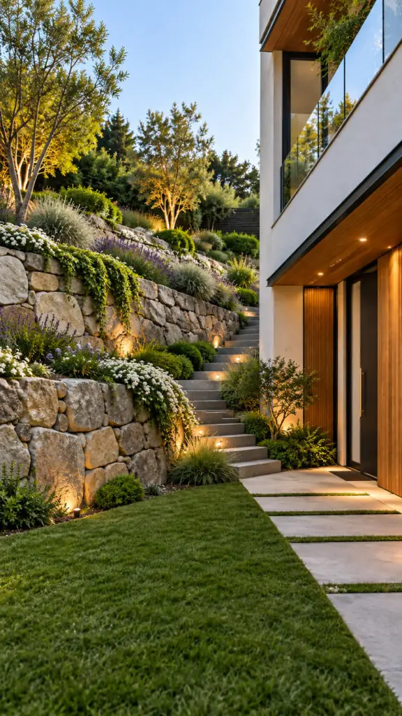 Sloped Backyard Stone Wall
