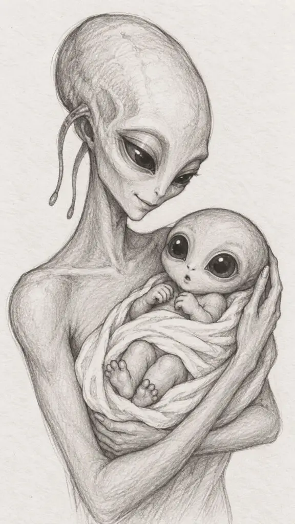 Tender Graphite Alien Family Portrait