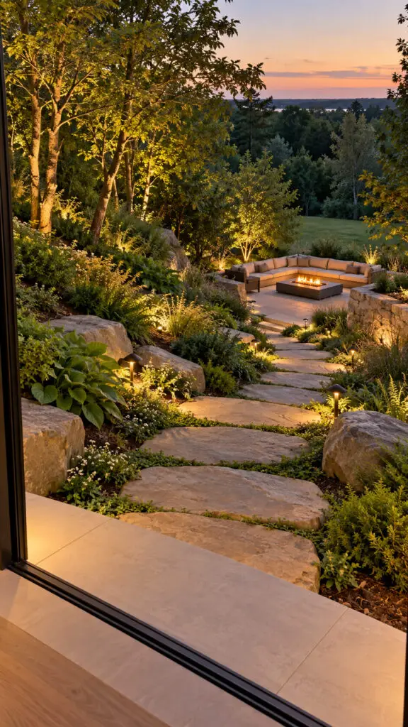 Twilight Stone Path to Firelit Retreat